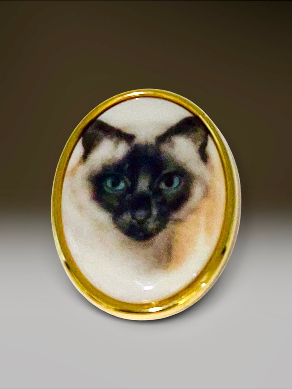 Beautiful Vintage Porcelain Siamese Cat Oval Gold Tone Brooch Pin Estate Piece